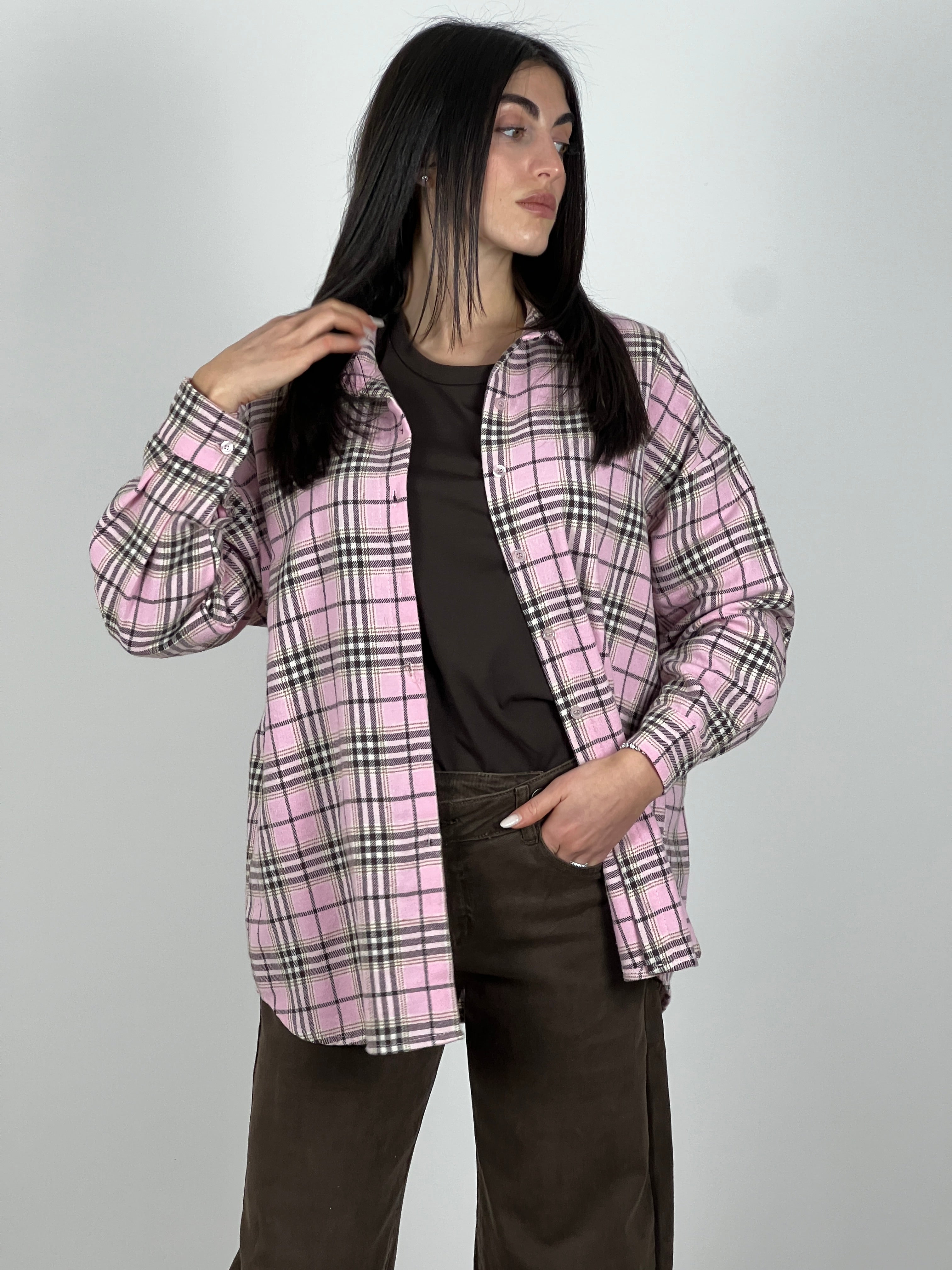 Camicia in flanella a quadri col. Rosa
