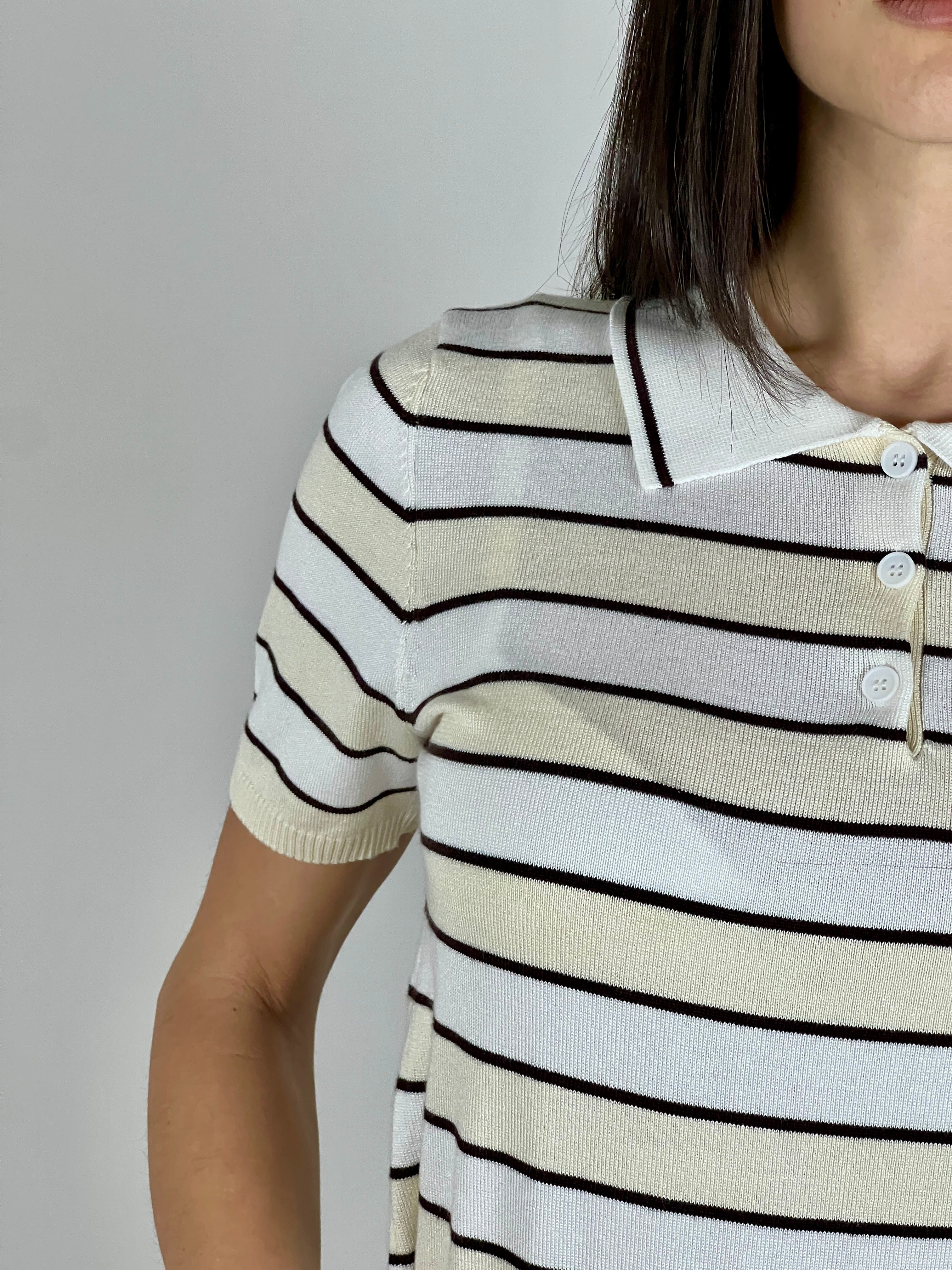 Polo manica corta a righe in filato col. Beige