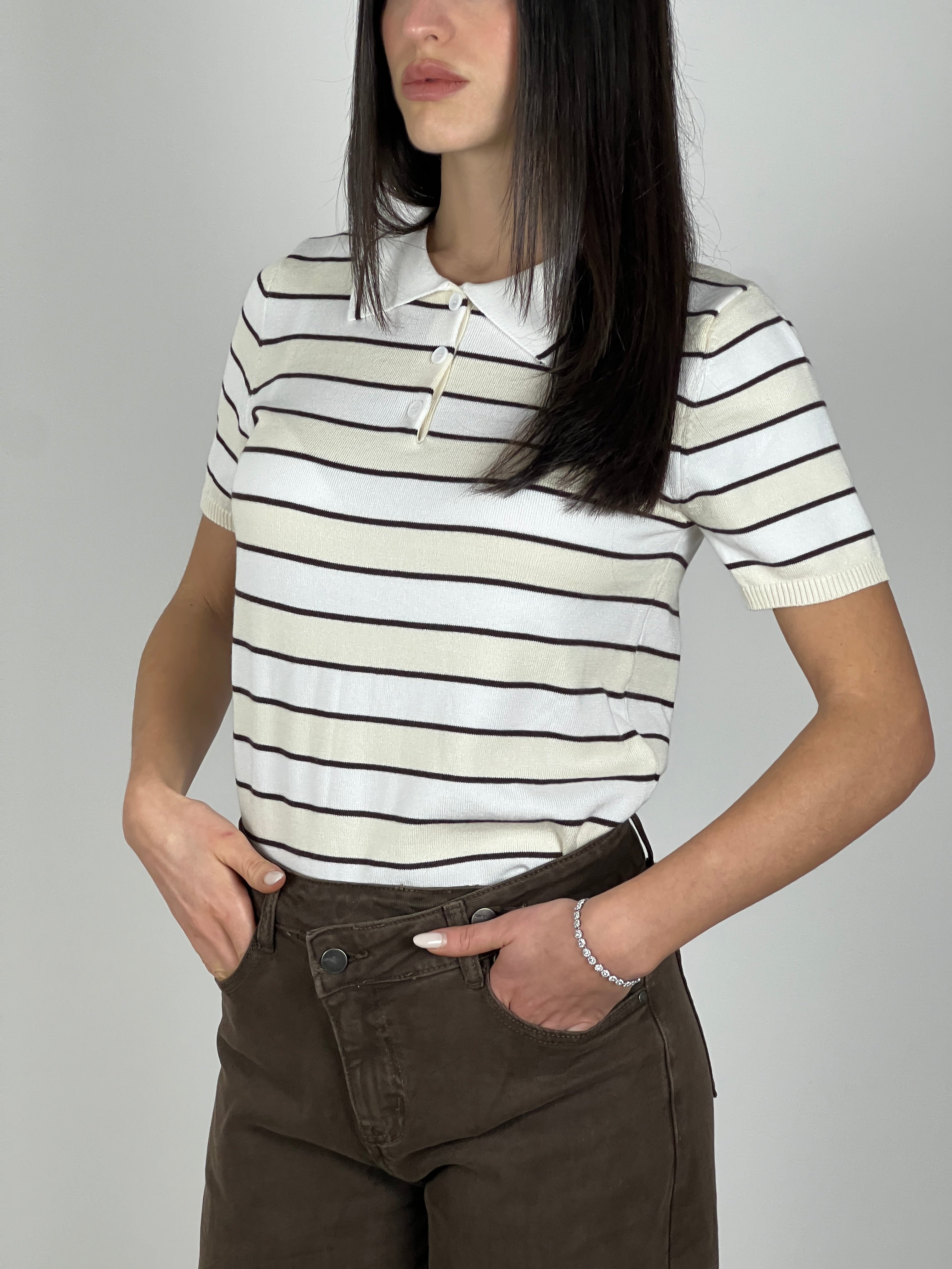 Polo manica corta a righe in filato col. Beige