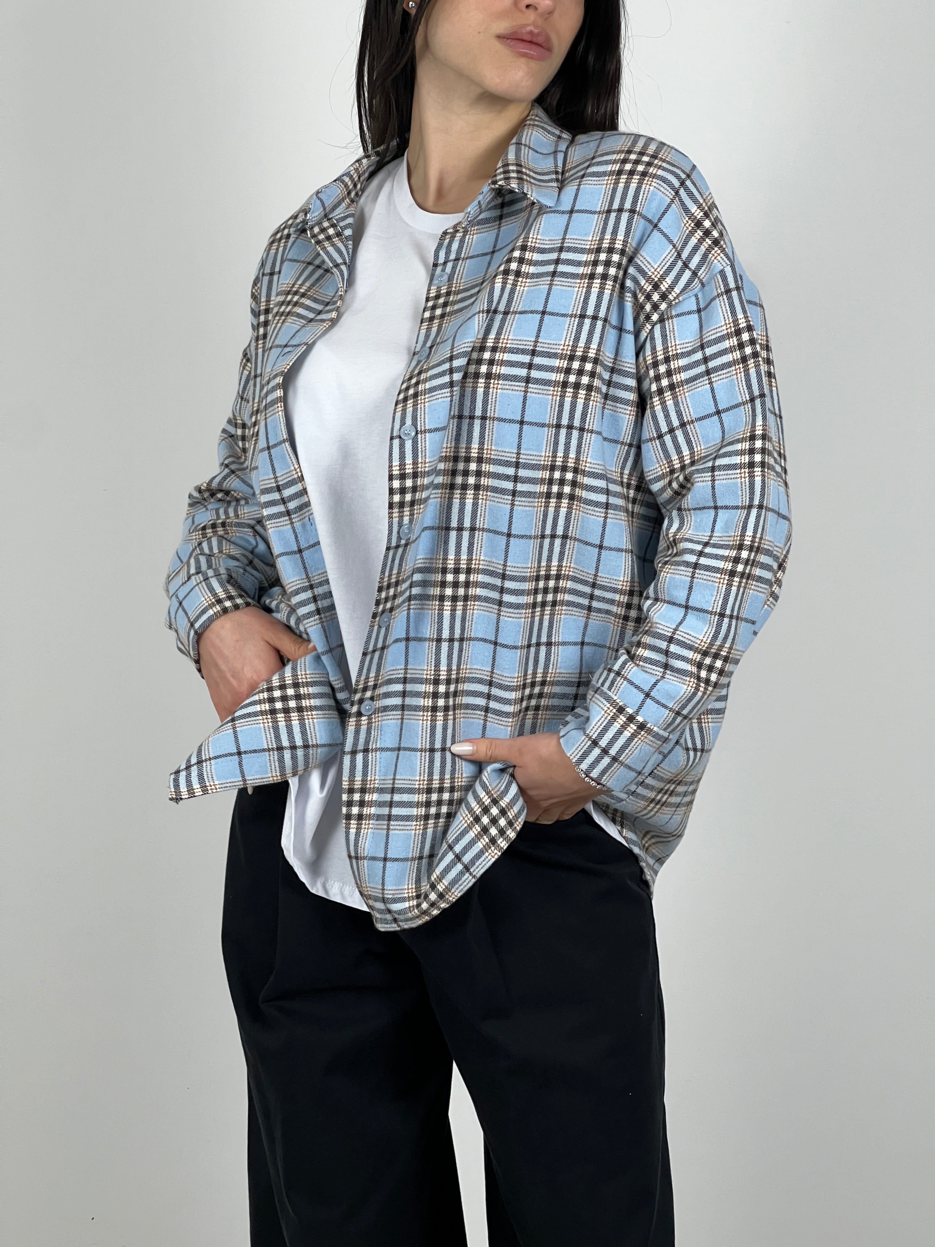 Camicia in flanella a quadri col. Celeste