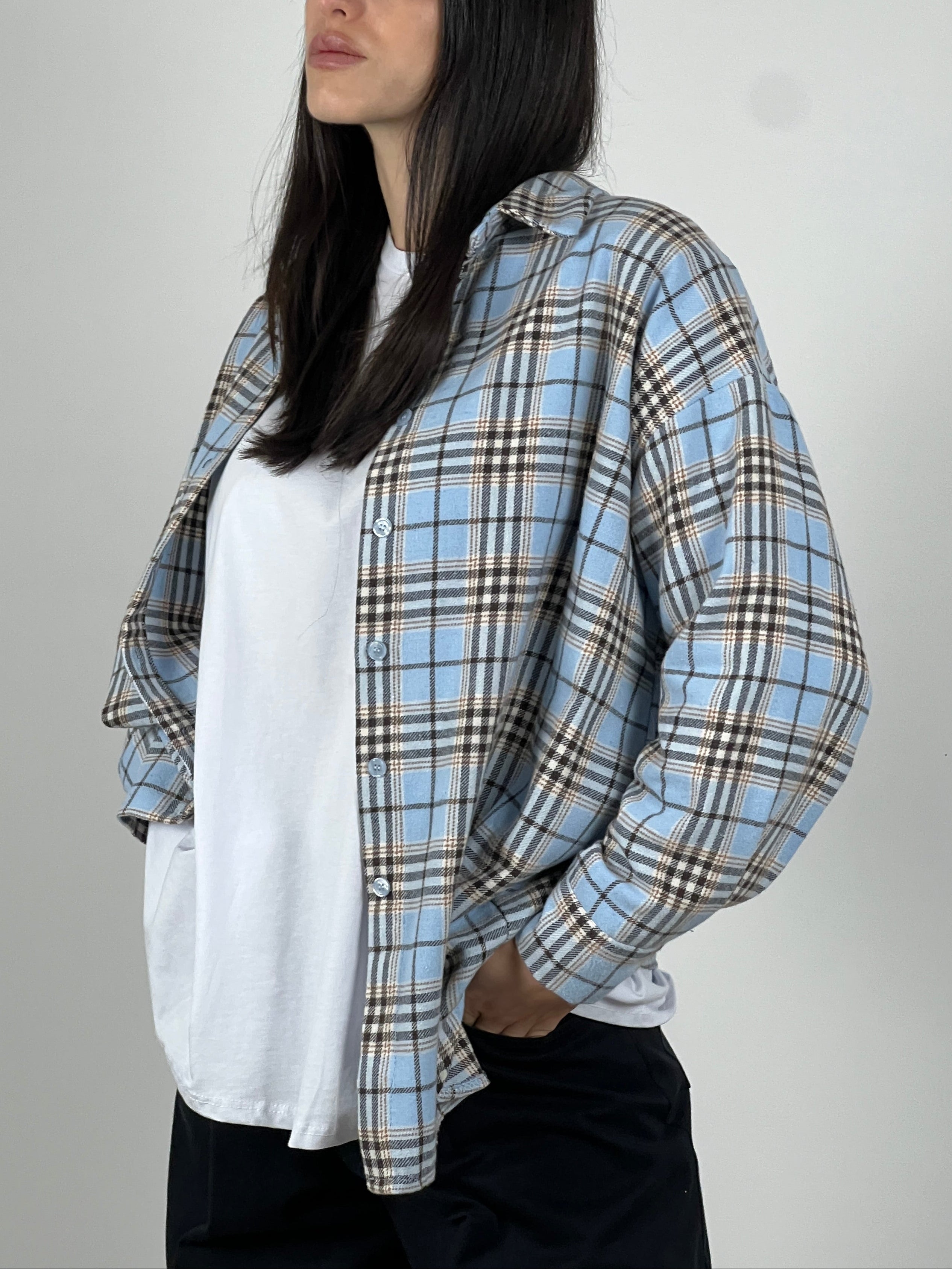 Camicia in flanella a quadri col. Celeste