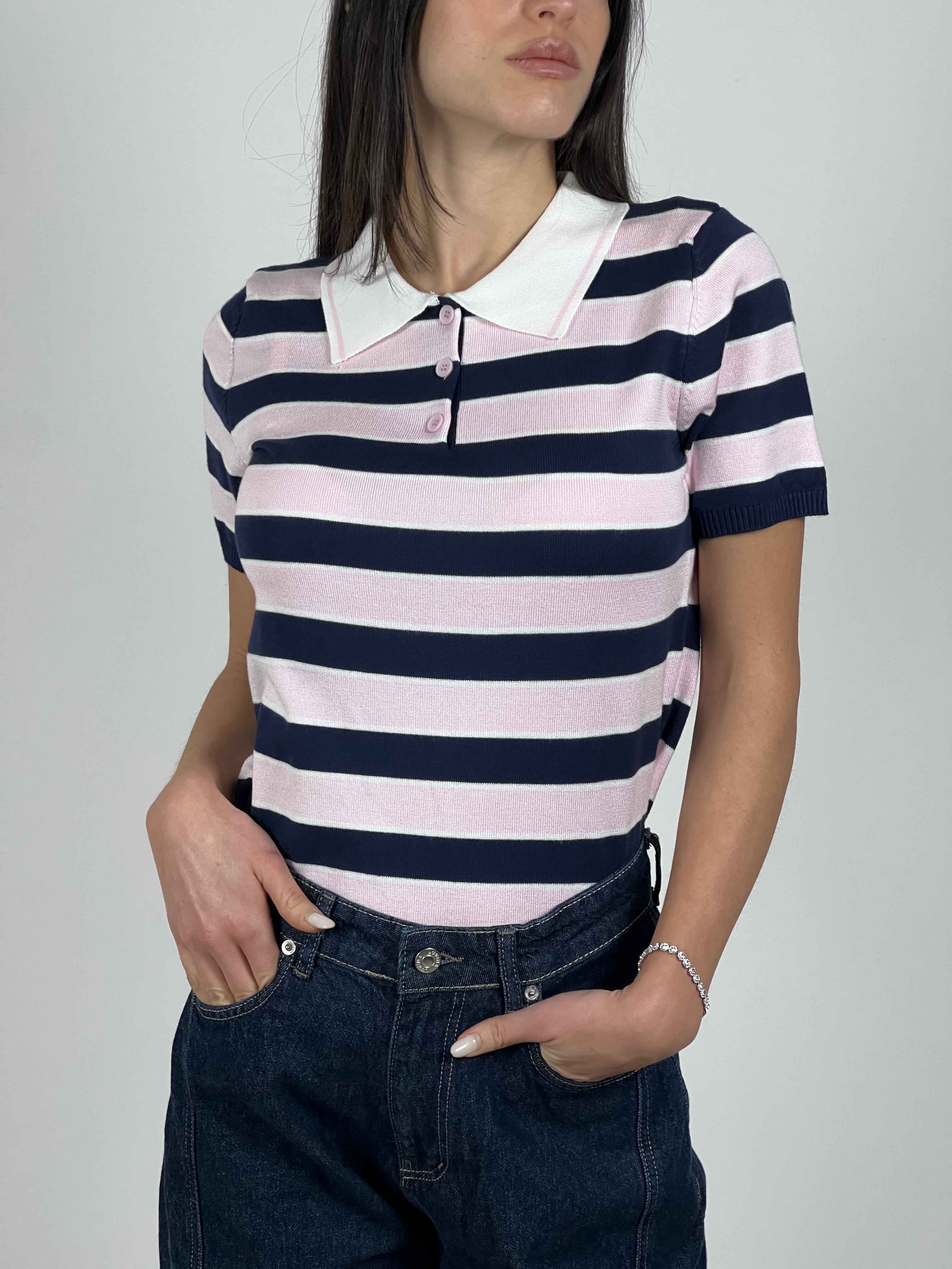 Polo manica corta a righe in filato col. Rosa/Blu