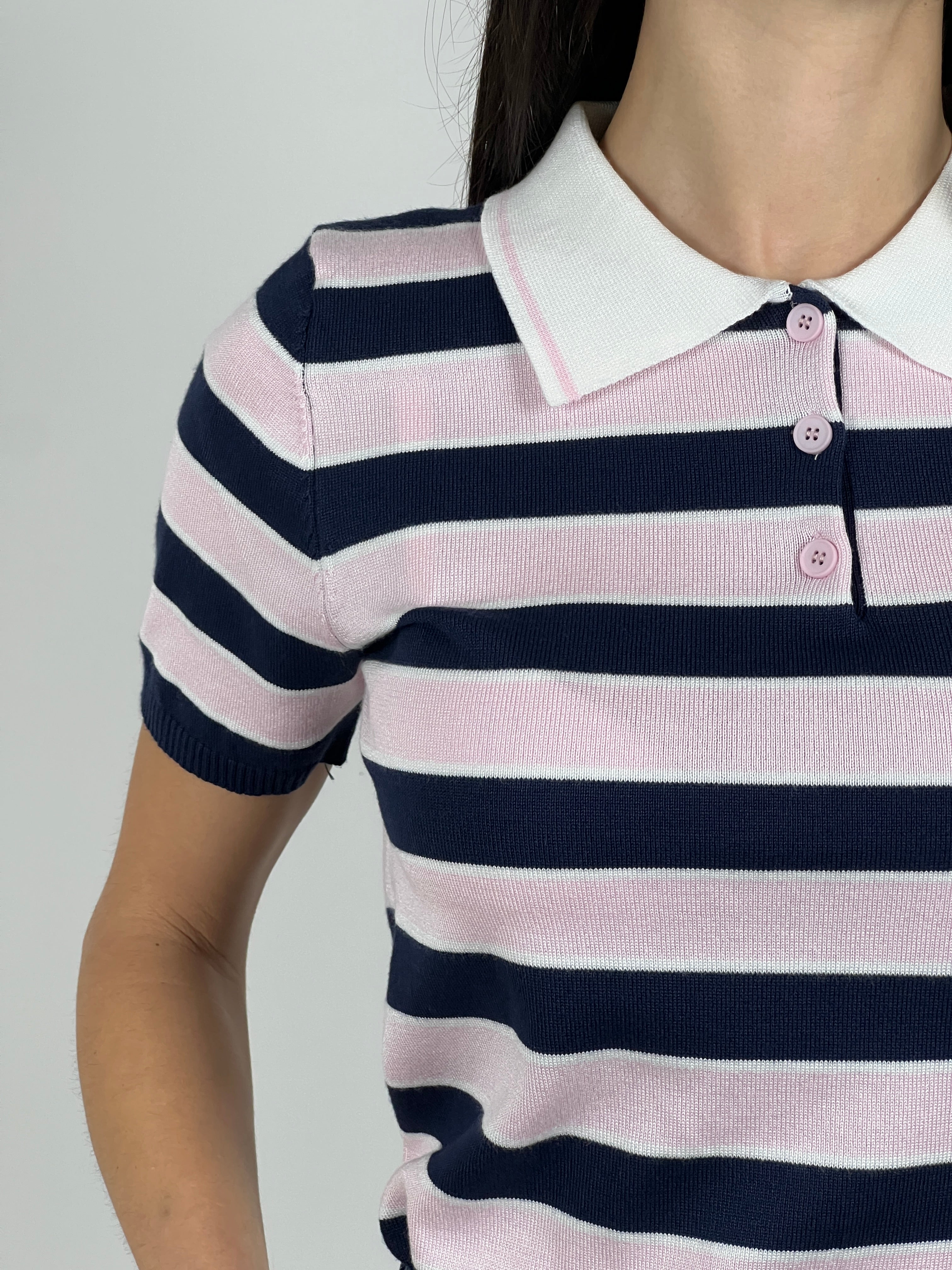 Polo manica corta a righe in filato col. Rosa/Blu