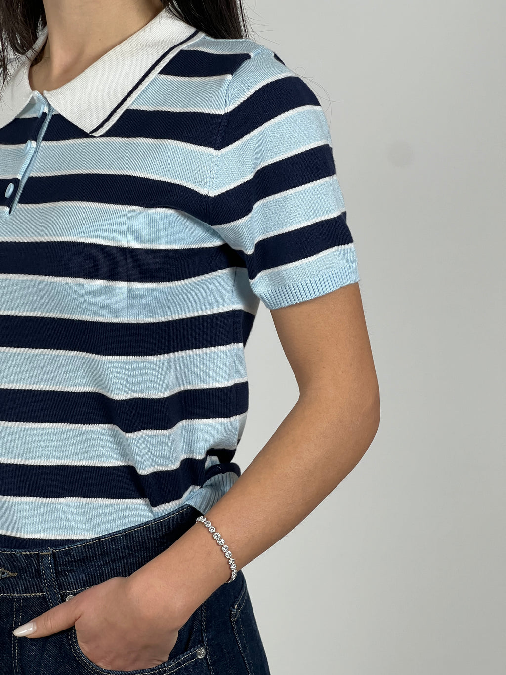 Polo manica corta a righe in filato col. Azzurro/Blu