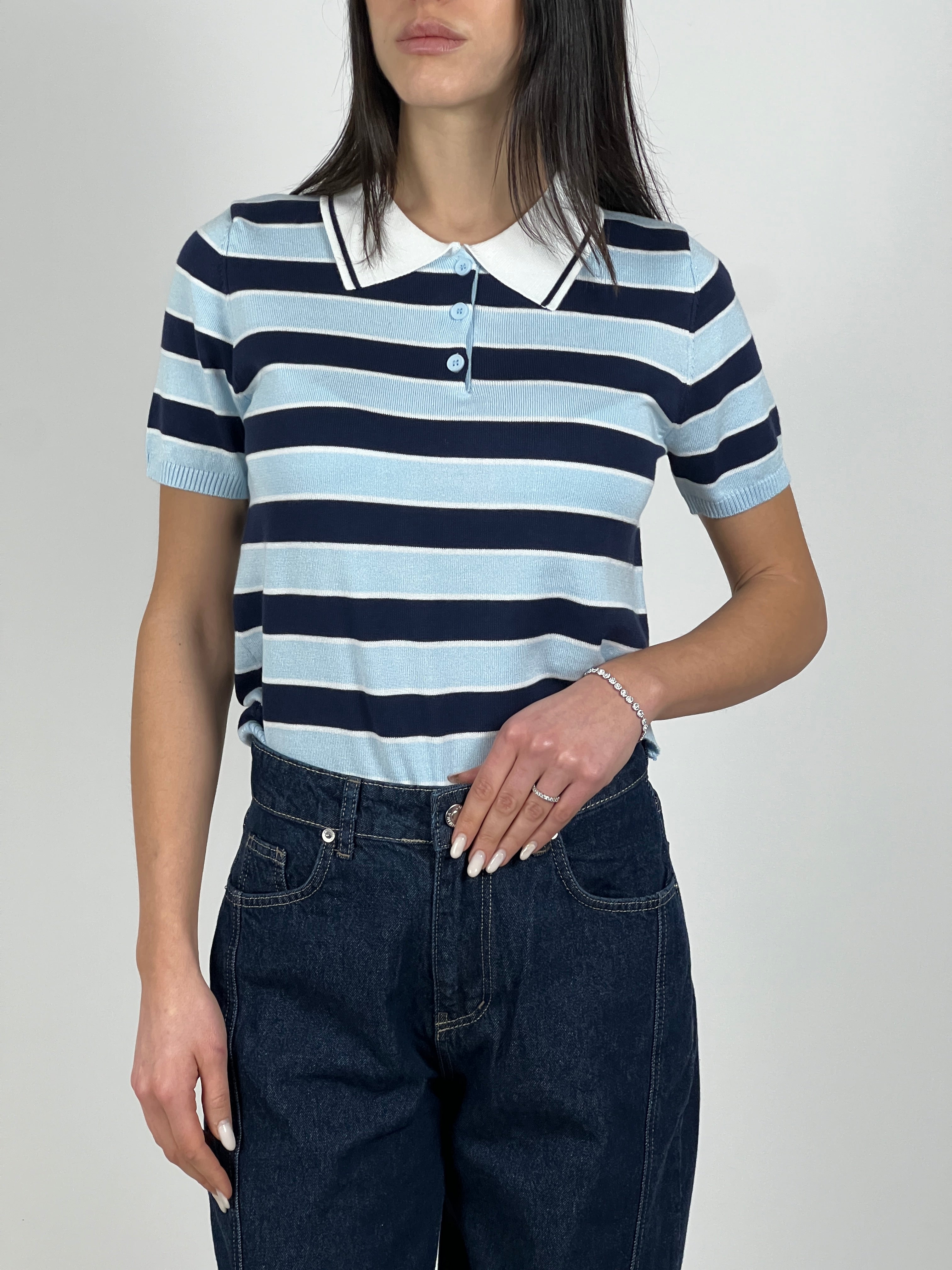 Polo manica corta a righe in filato col. Azzurro/Blu