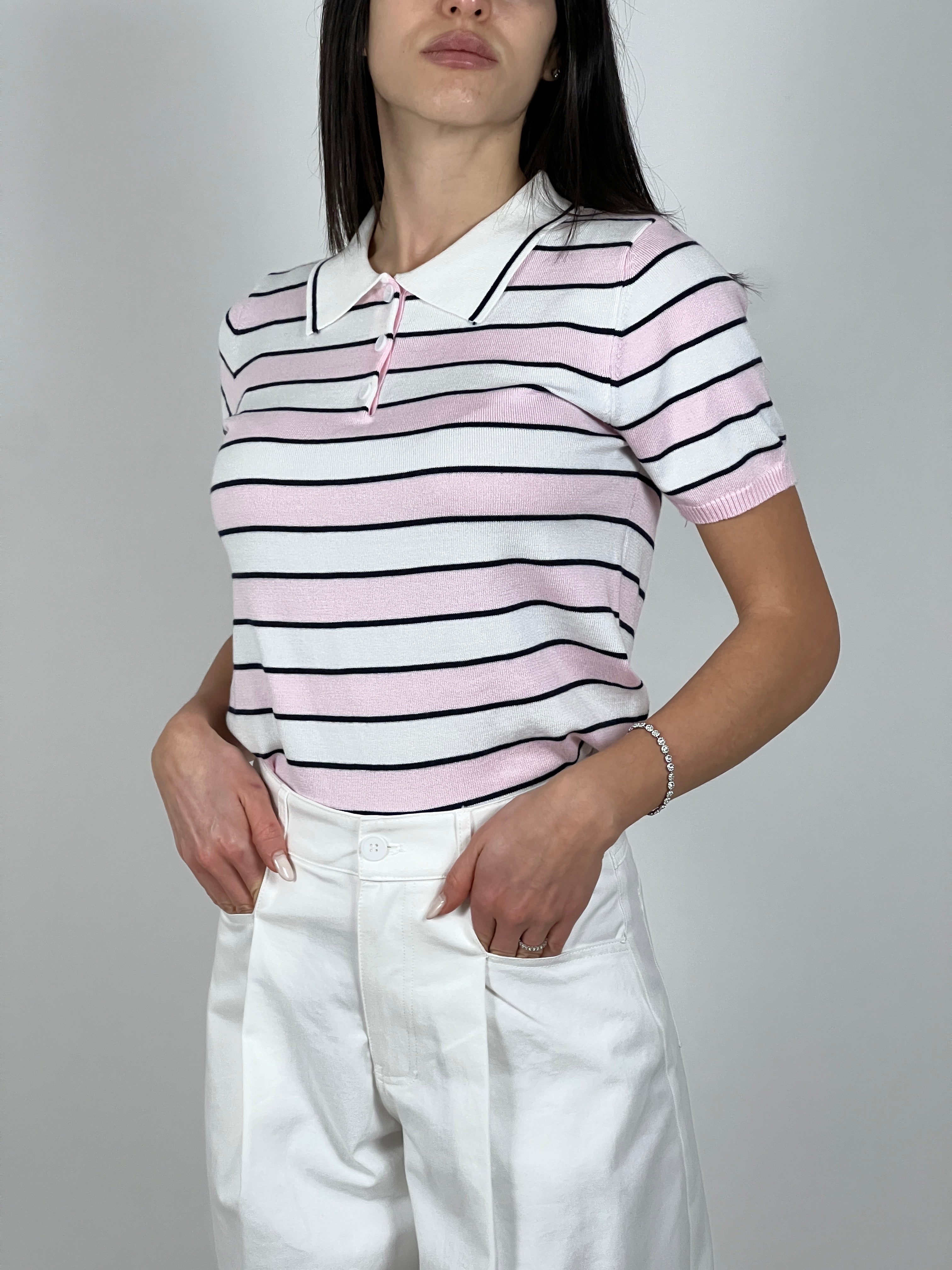 Polo manica corta a righe in filato col. Rosa/Bianco