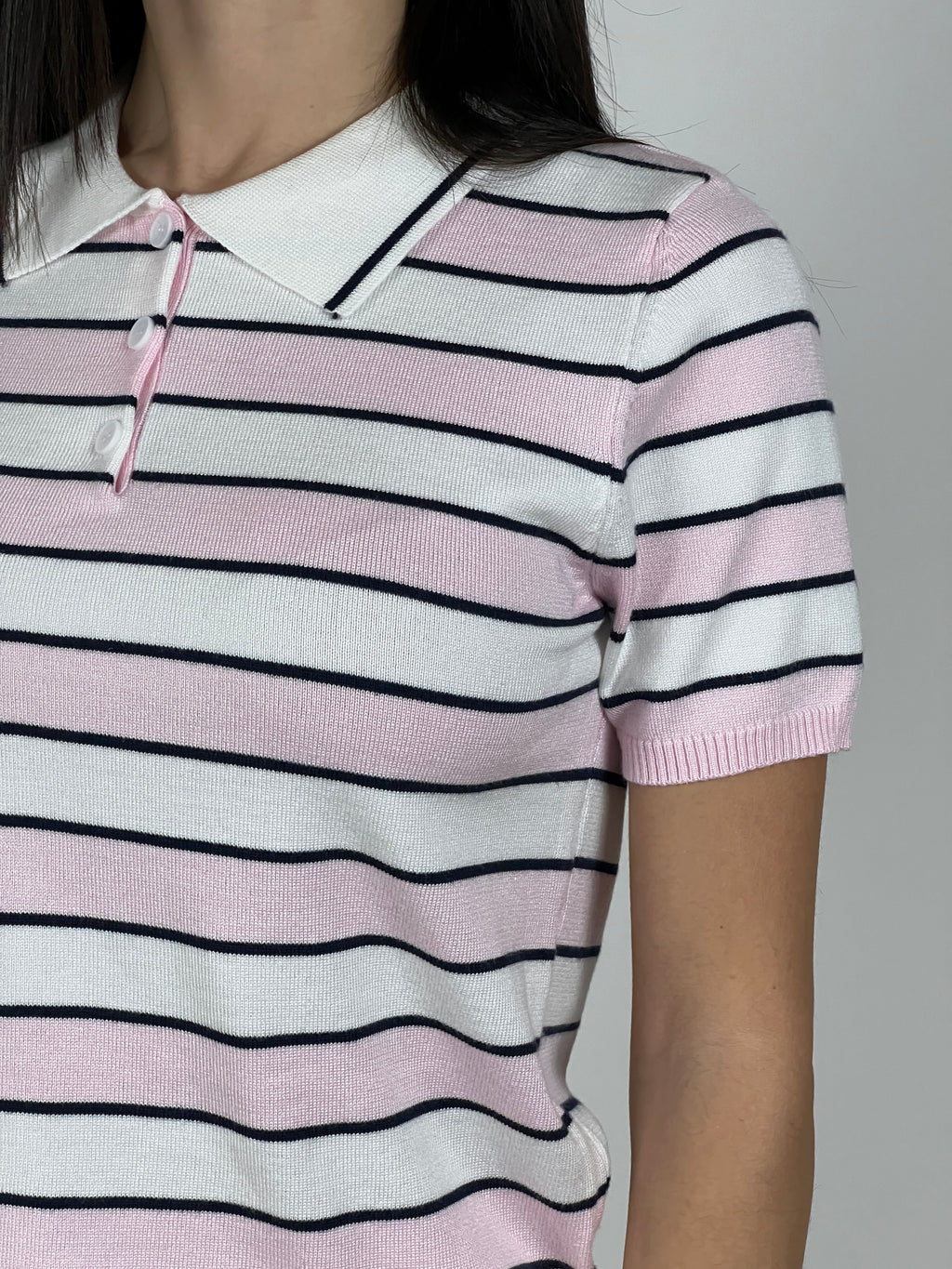 Polo manica corta a righe in filato col. Rosa/Bianco