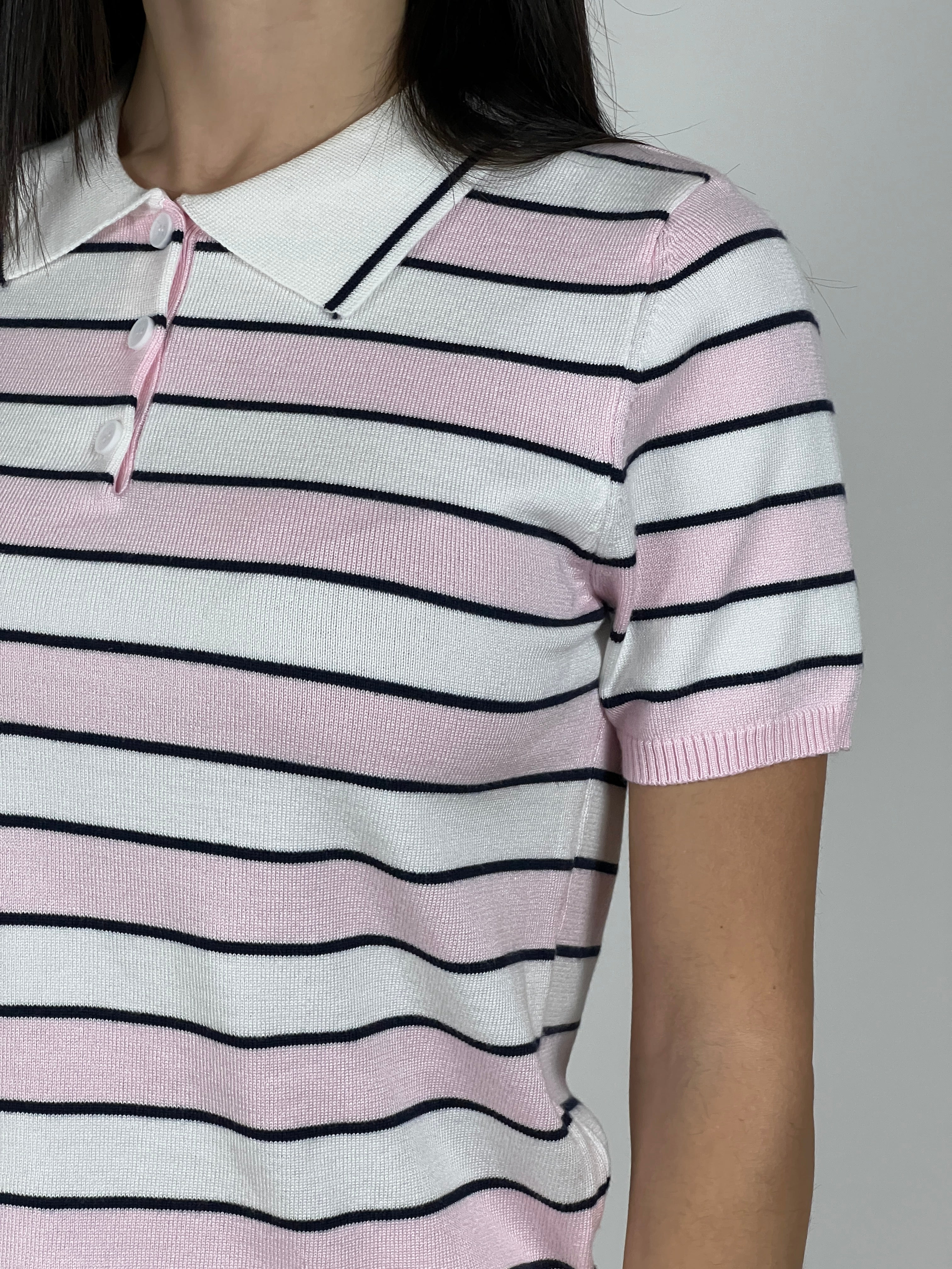 Polo manica corta a righe in filato col. Rosa/Bianco