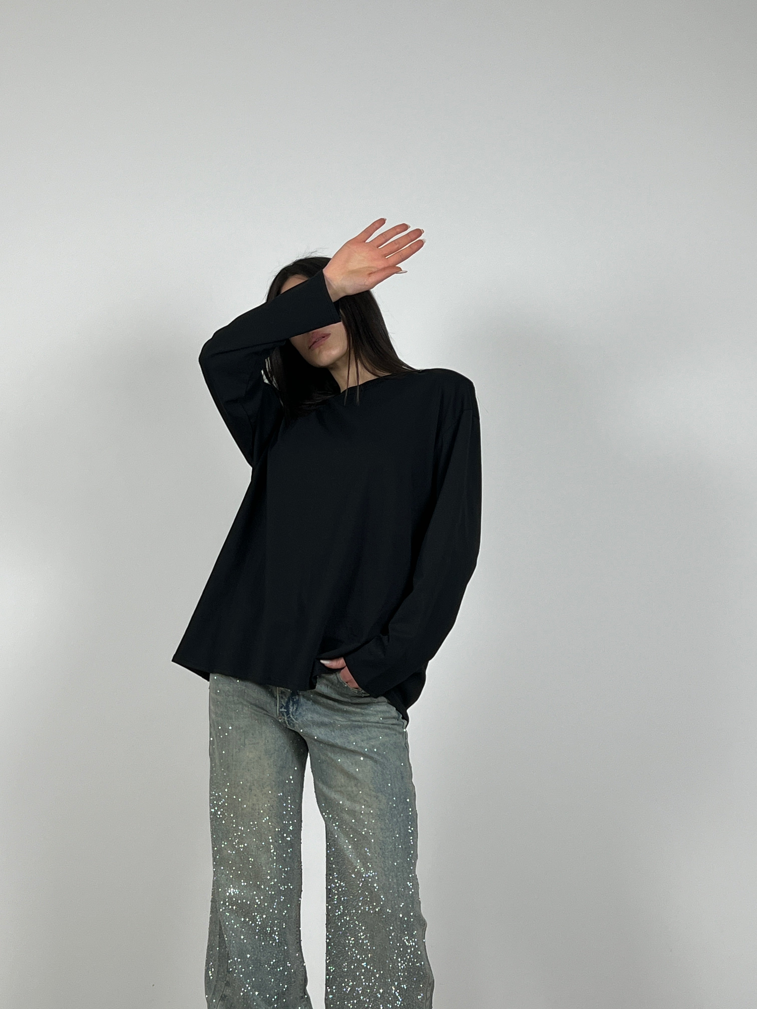 Jeans wide leg con strass applicati col. Denim