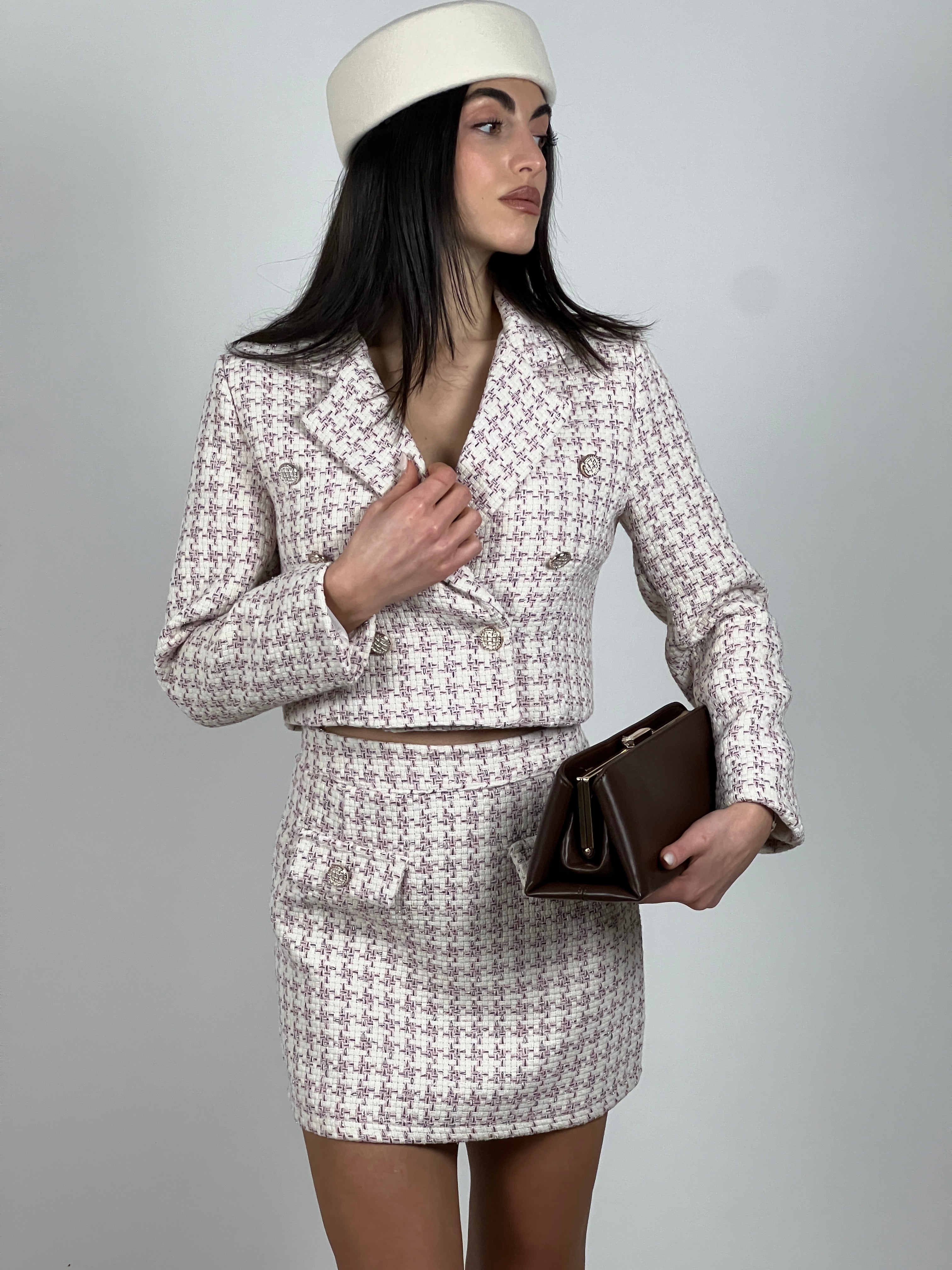 Blazer crop tweed lamè col. Rosa