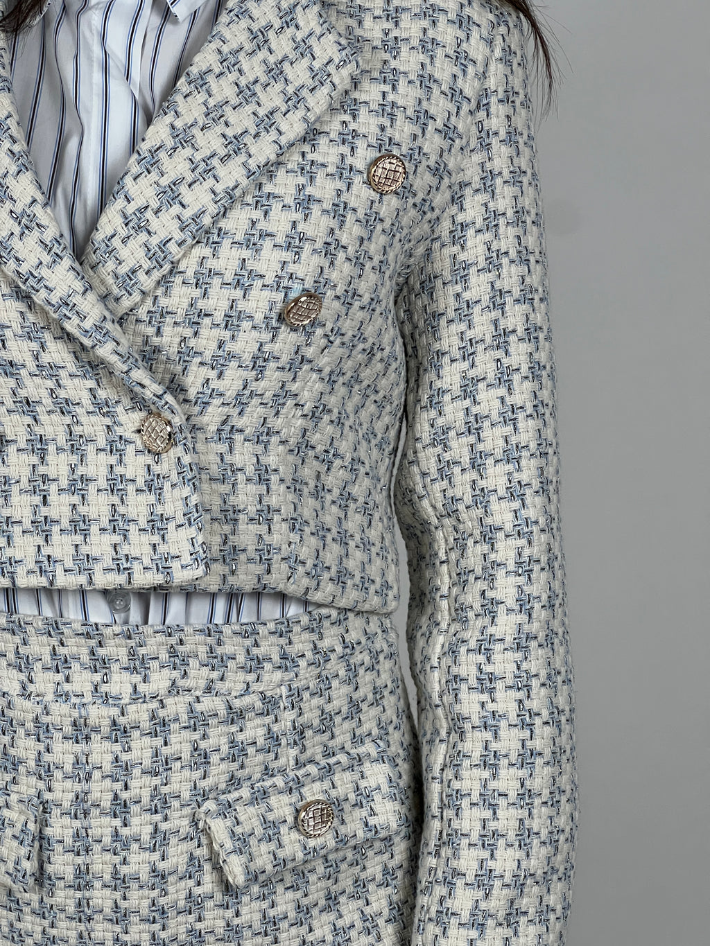 Blazer crop tweed lamè col. Celeste