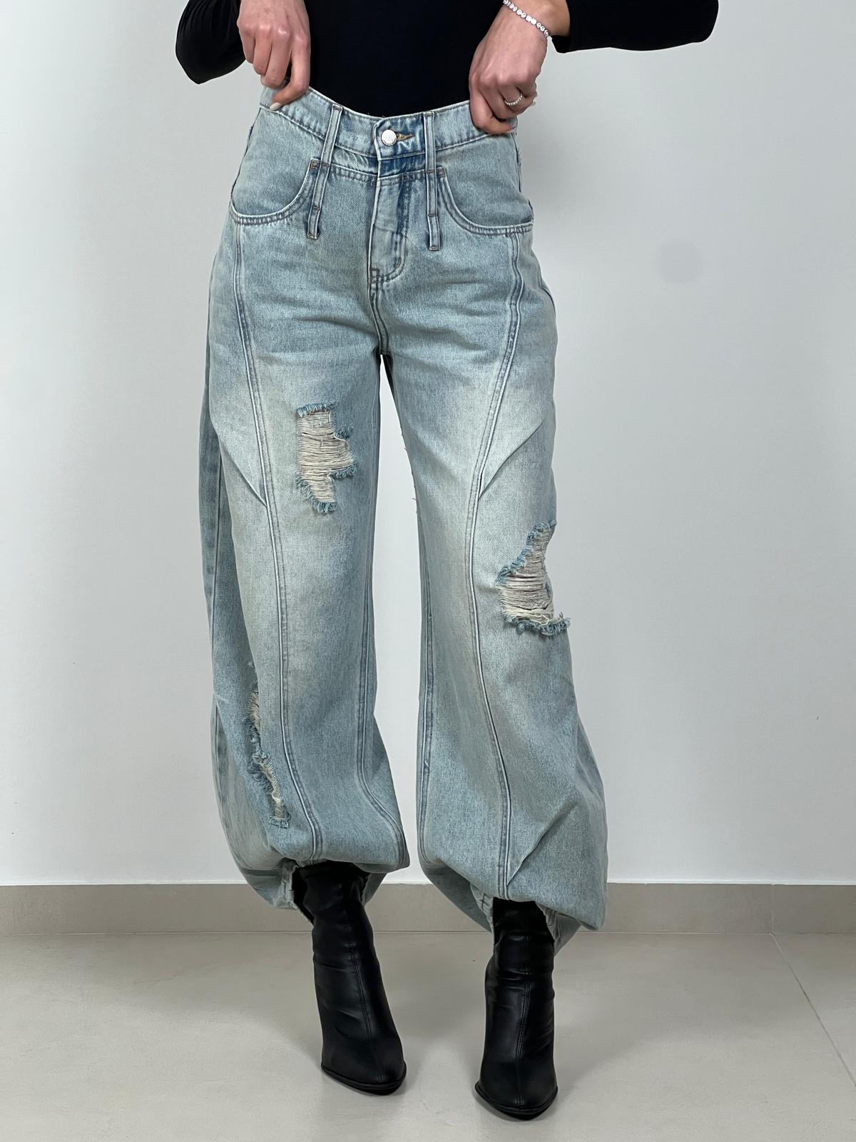 Jeans Barrel con drappeggi col. Denim