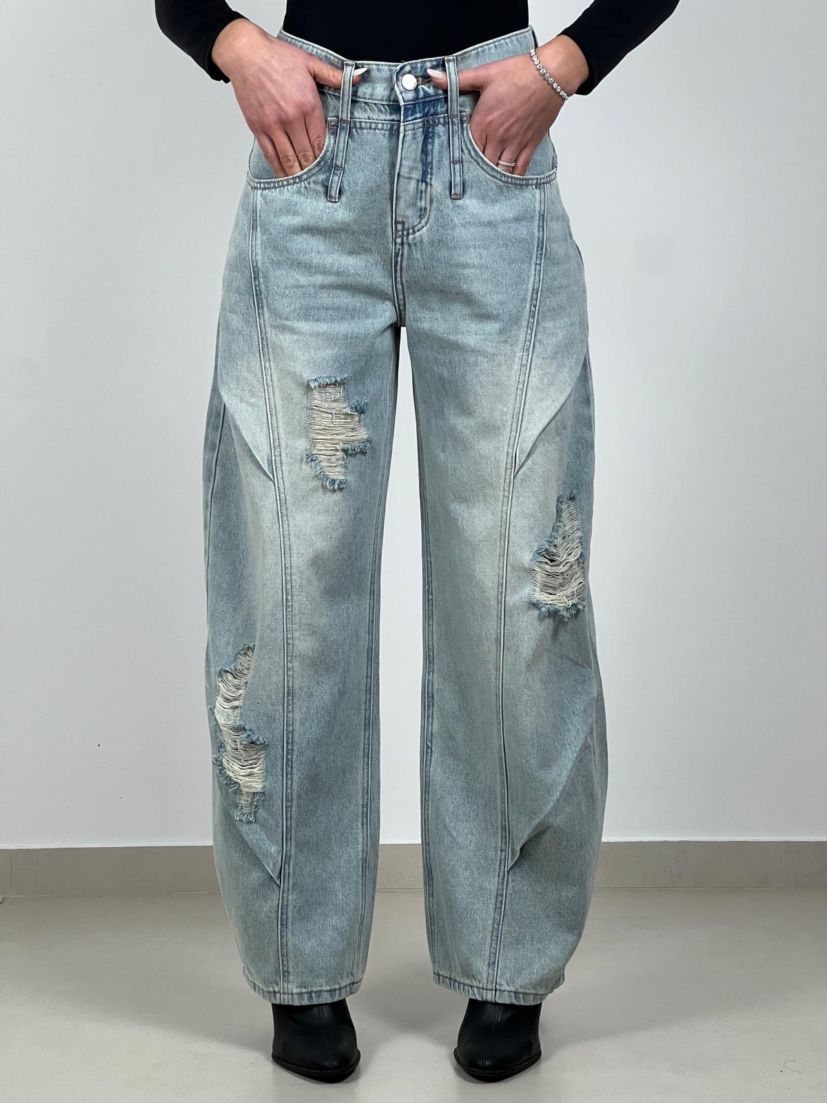 Jeans Barrel con drappeggi col. Denim