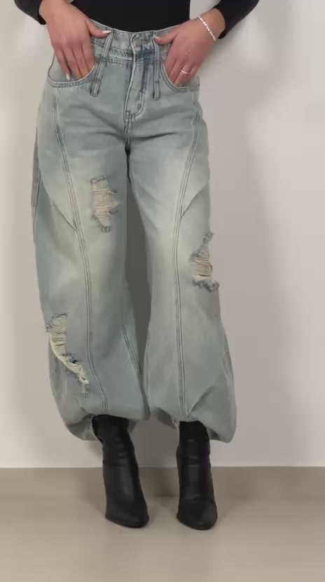 Jeans Barrel con drappeggi col. Denim